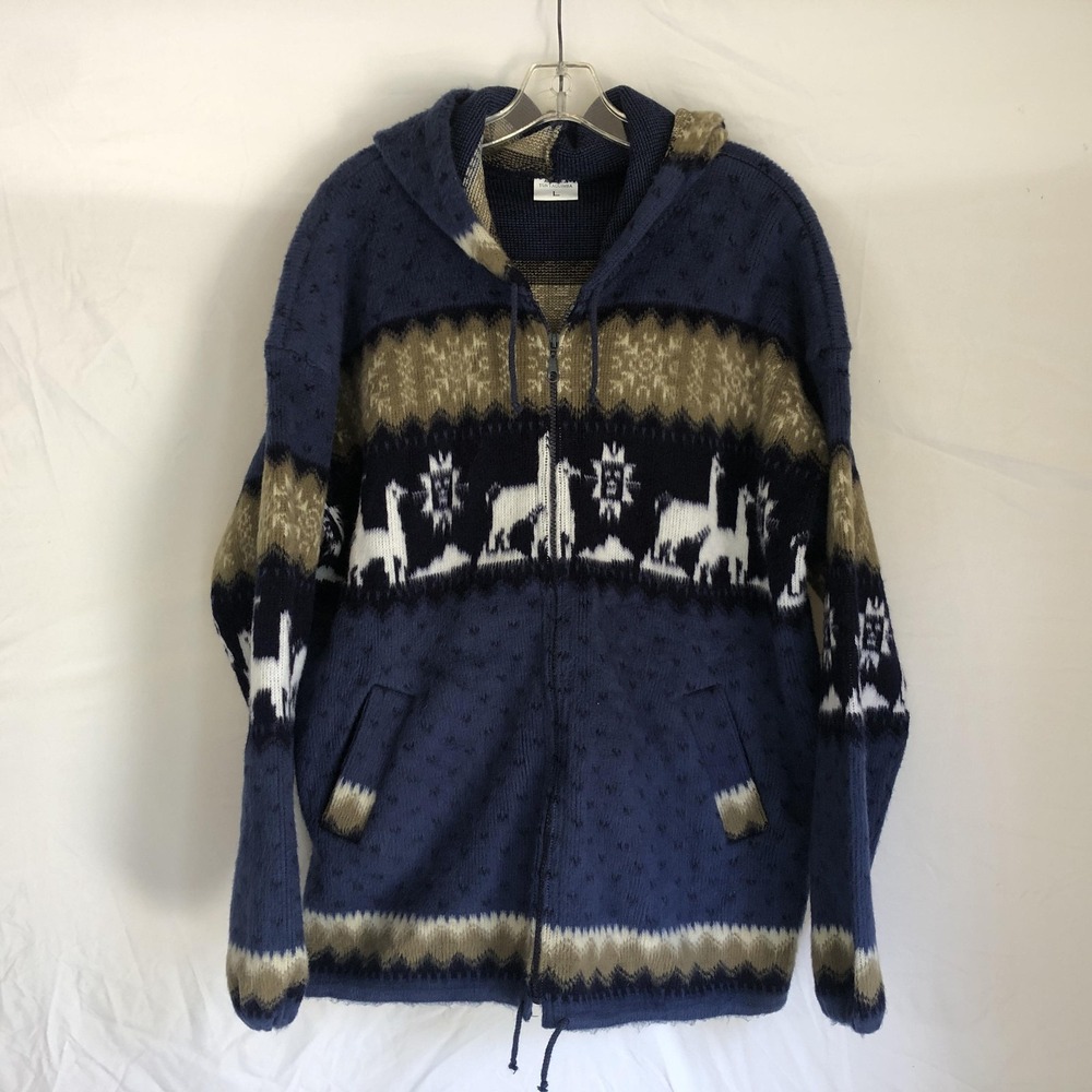 Artesanias Tun Taquimba Sweater Mens Large Blue Wool Hooded Full Zip Llama